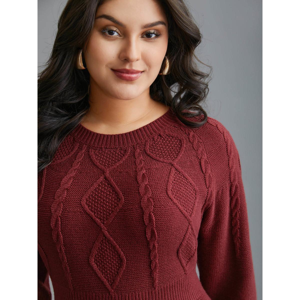 Plus Size Cable Knit Raglan Sleeve Midi Sweater Dress Burgundy Women Casual Bodycon Long Sleeve Everyday Sweater Dresses BloomChic 22-24/3X Product Image