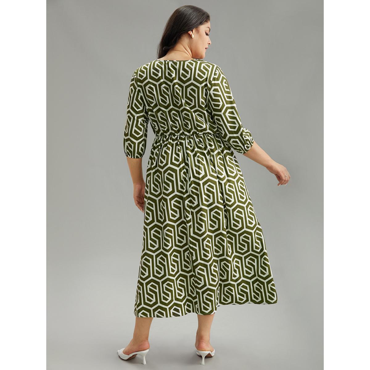 Plus Size Geometric Print V Neck Shirred Dress ArmyGreen Women Office Elastic cuffs V-neck Elbow-length sleeve Curvy Midi Dress BloomChic 26/4X Product Image