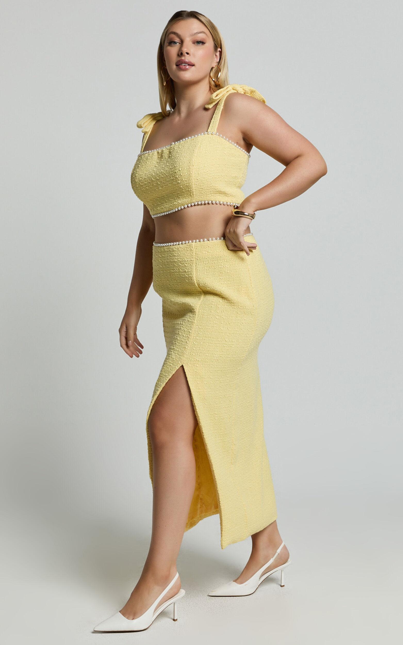 Mitzy Two Piece Set - Boucle Pearl Detail Crop And Faux Wrap Midi Skirt Set in Lemon Product Image