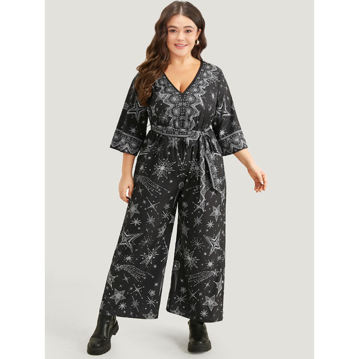 Plus Size Black Halloween Star Print Belted V Neck Jumpsuit Women Elegant Elbow-length sleeve V-neck Festival-Halloween Loose Jumpsuits BloomChic 30/6X Product Image