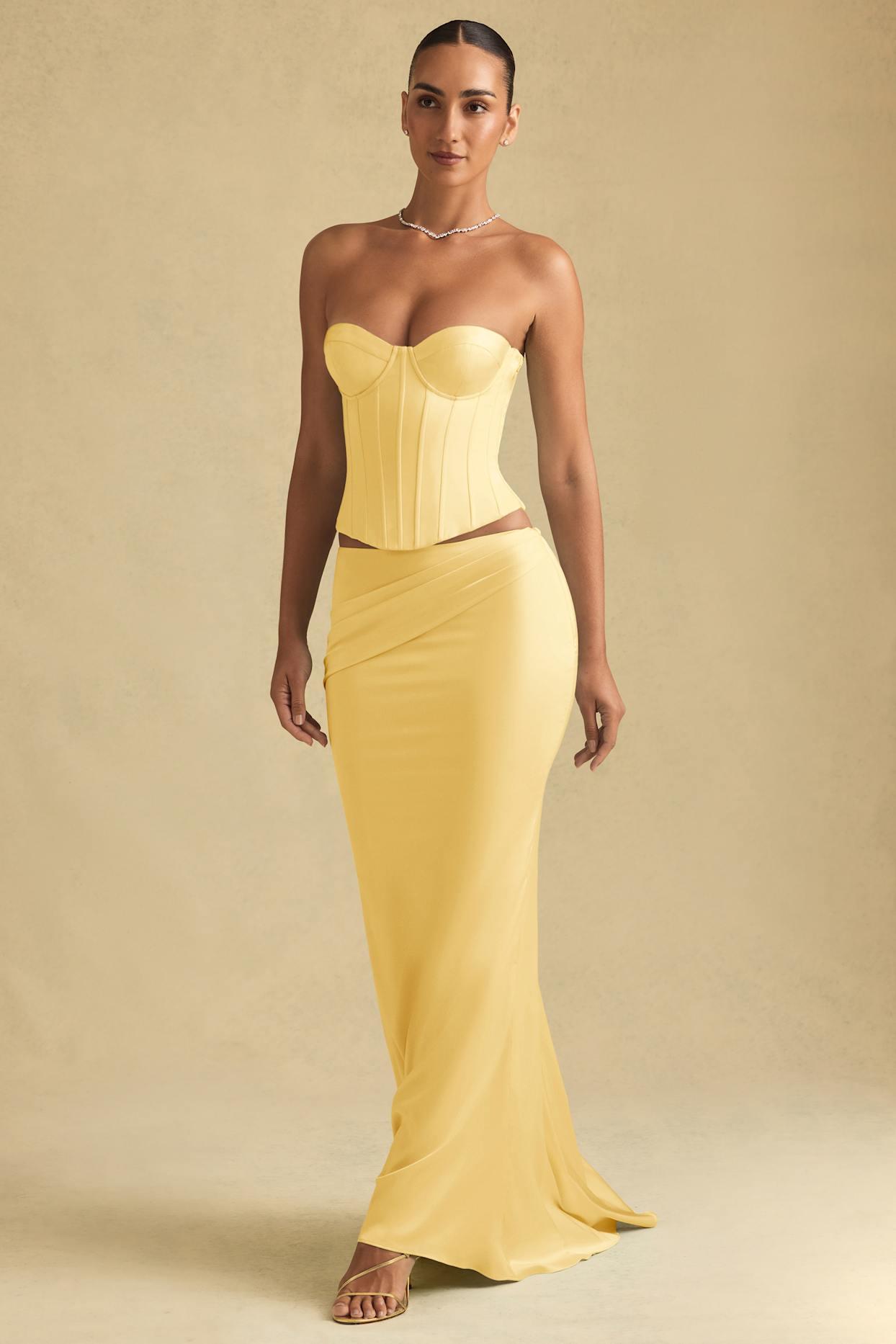 Draped Low-Rise Maxi Skirt in Pastel Yellow Product Image