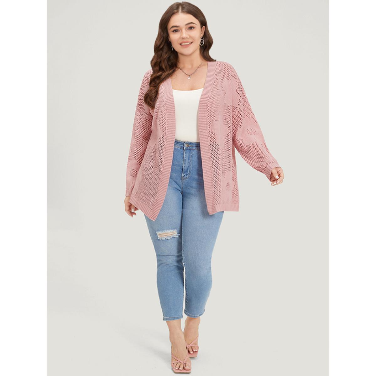 Plus Size Floral Graphic Eyelet Open Front Cardigan Pink Women Casual Loose Long Sleeve Dailywear Cardigans BloomChic 28/5X Product Image