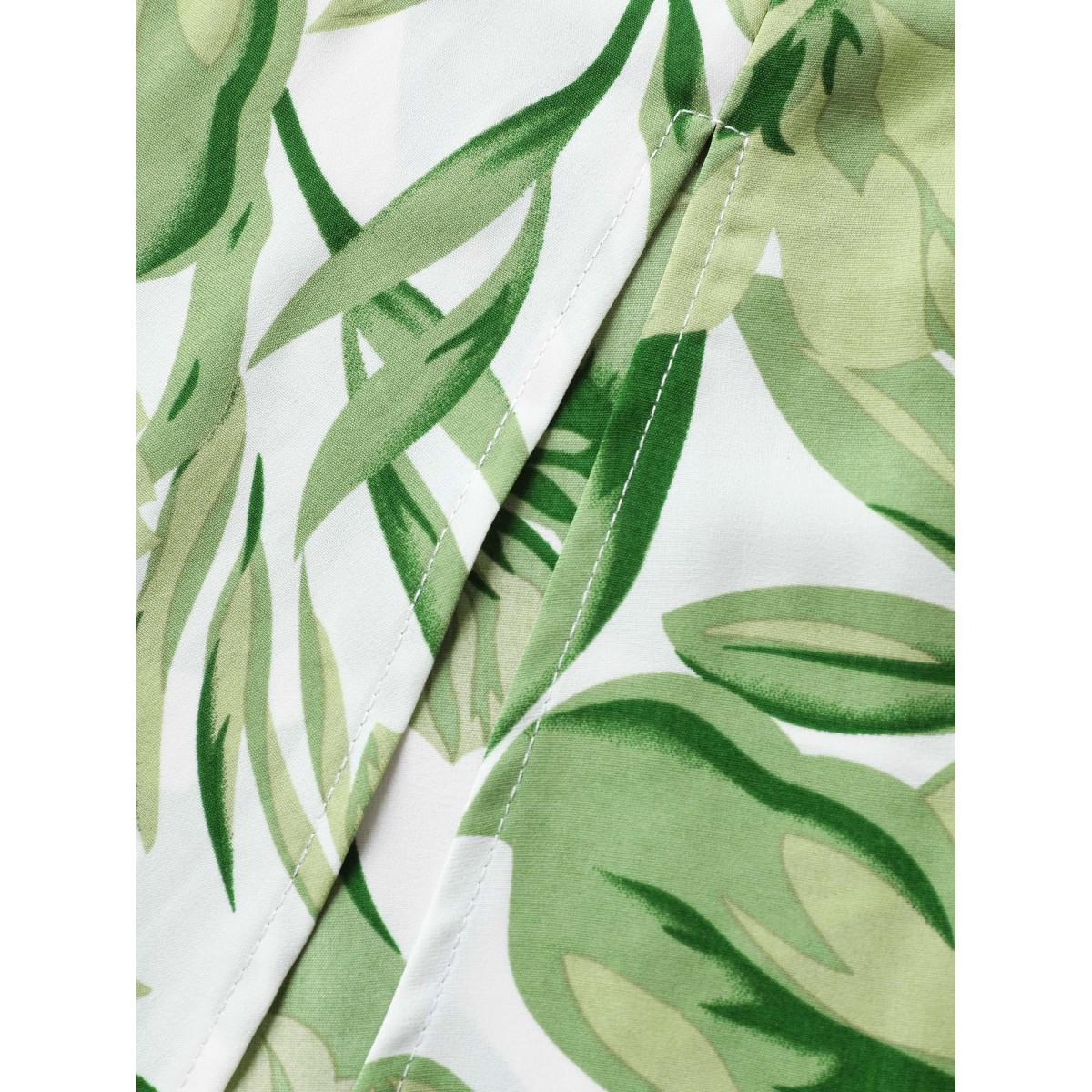 Plus Size Tropical Leafy Print Wide Collar Ruffles Dress Green Women Resort Ruffles V-neck Sleeveless Curvy BloomChic 12/L Product Image