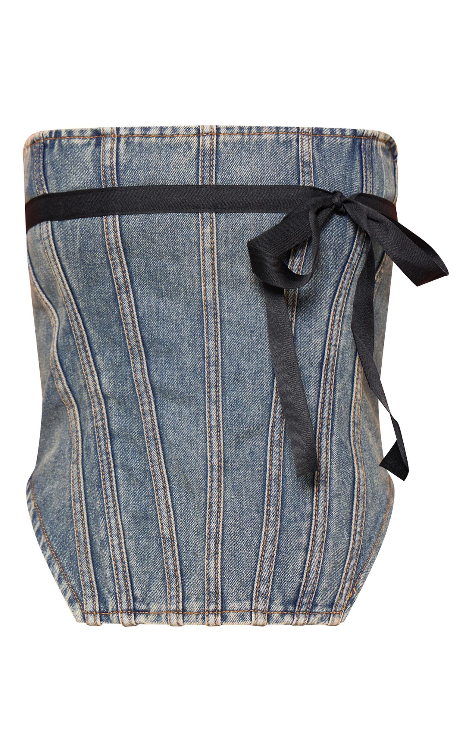  Vintage Mid Wash Contrast Bow Detail Denim Corset Top Product Image
