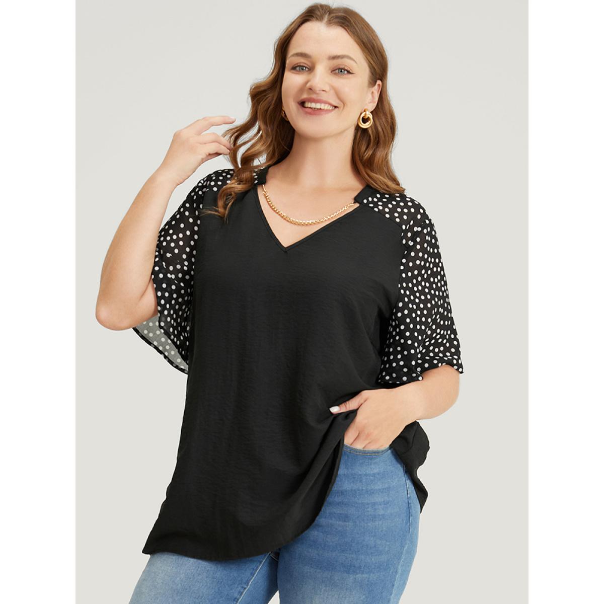 Plus Size Black Polka Dot Patchwork Flutter Sleeve Chain Detail Blouse Women Elegant Short sleeve V-neck Dailywear Blouses BloomChic 30/6X Product Image