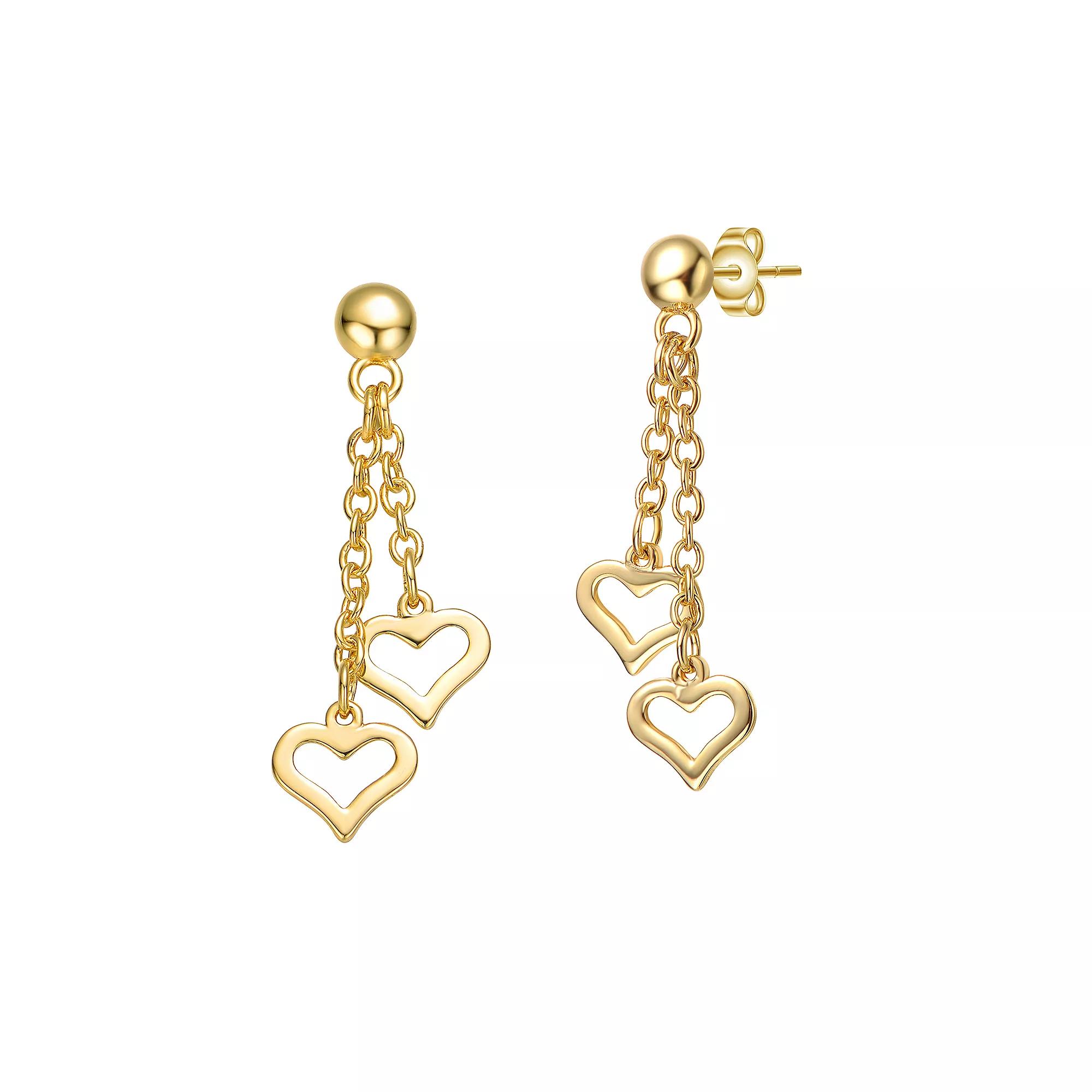 14k Gold Plated Double Heart Chain Drop Earrings, Womens, Gold Tone Yellow Product Image