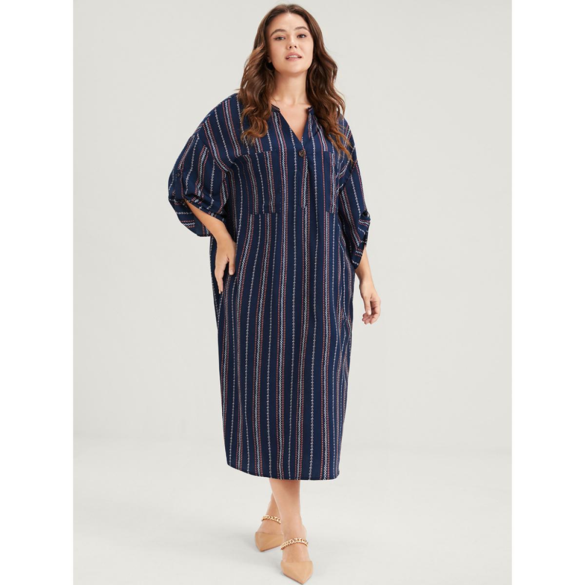 Plus Size Asymmetrical Striped Patchwork Button Pocket Cuffed Sleeve Midi Dress DarkBlue Women Vacation Button V-neck Long Sleeve Curvy Midi Dress BloomChic 30/6X Product Image