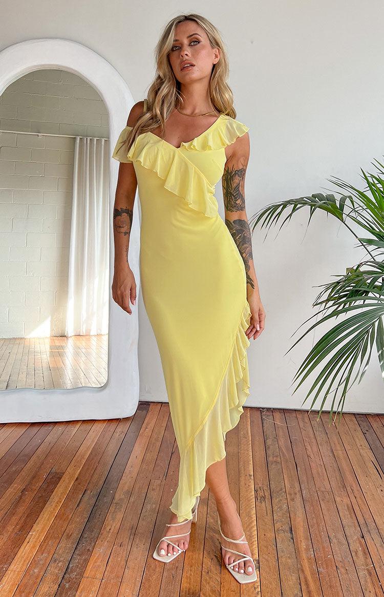 Everleene Yellow Ruffle Mesh Midi Dress Product Image