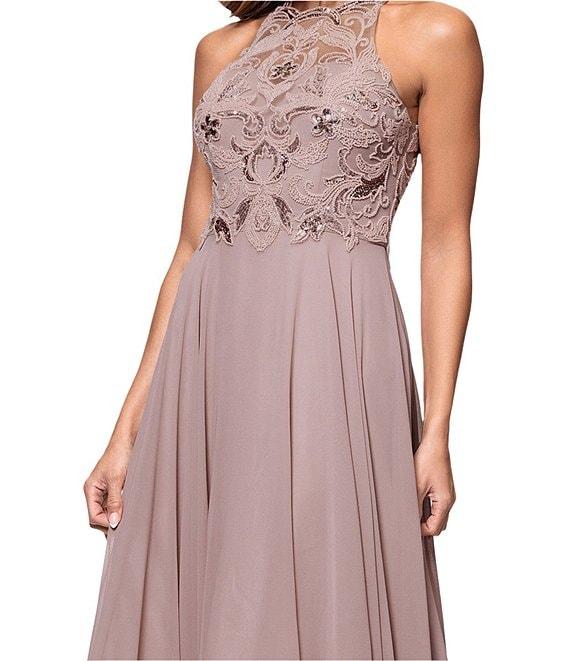 Xscape Illusion Halter Beaded Mesh Bodice Chiffon A-Line Gown Product Image