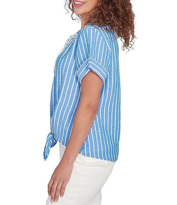 Ruby Rd. Embroidered Stripe Split V-Neck Short Sleeve Tie-Front Top Product Image