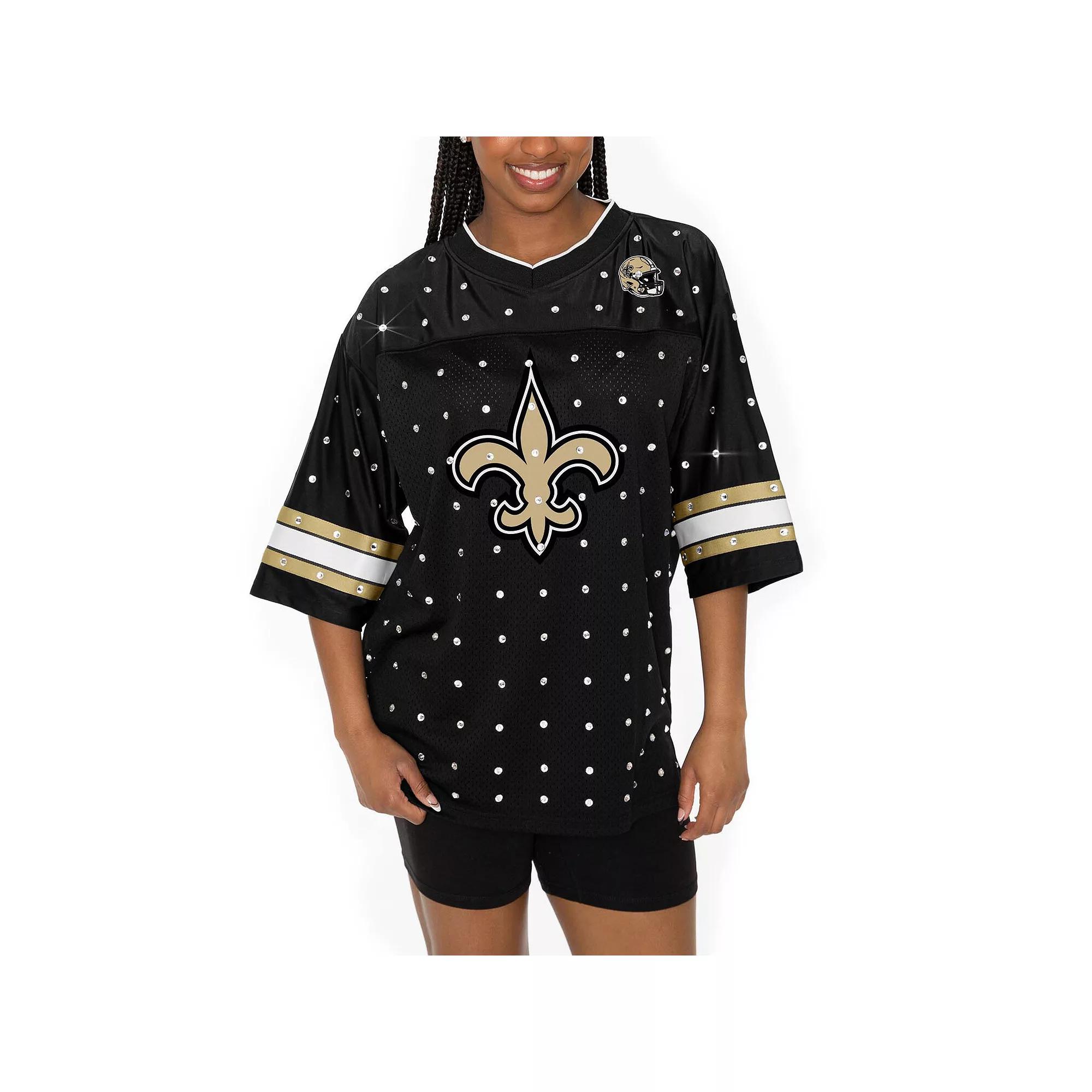 Women's Gameday Couture Black New Orleans Saints Kickoff Time Allover Rhinestone Sports Stripe Jersey V-Neck T-Shirt, Size: Small Product Image