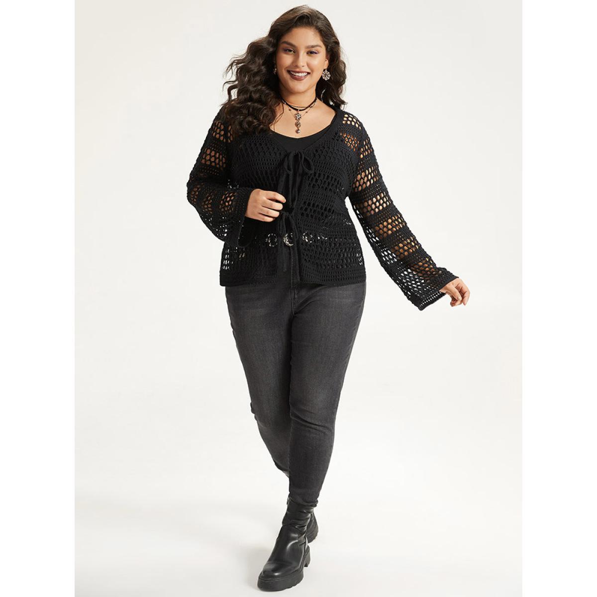 Plus Size Halloween Plain Hollow Out Ties Open Front Cardigan Black Women Casual Loose Long Sleeve Festival-Halloween Cardigans BloomChic 22-24/3X Product Image