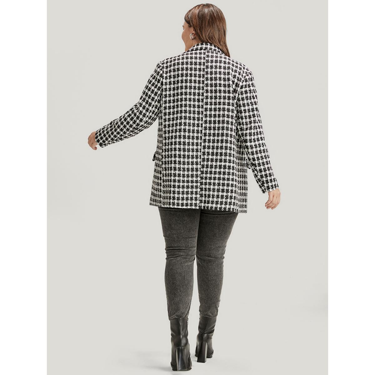 Plus Size Gingham Button Front Flap Pocket Blazer Black Women Work Gingham Pocket Sleeve Long Sleeve Lapel Collar 10/M Pocket Office Blazers BloomChic Product Image