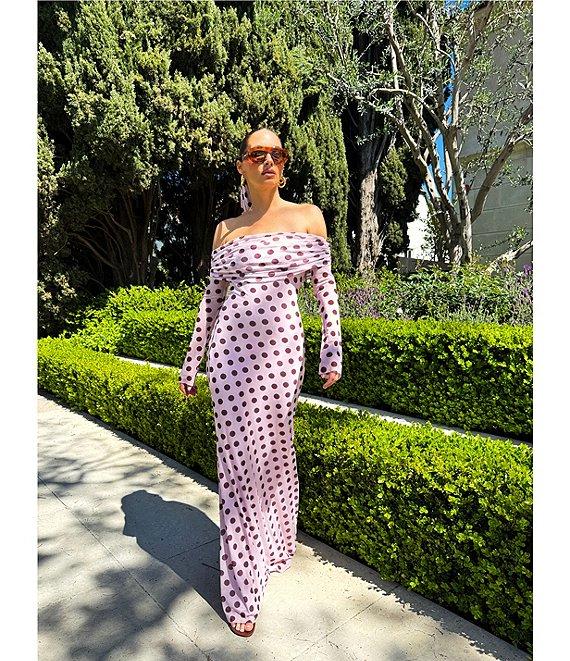 AFRM Thelma Dot Print Off-The-Shoulder Long Sleeve Mesh Maxi Dress Product Image