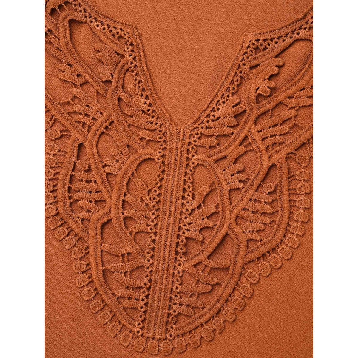 Plus Size Rust Notched Lace Trim Gathered Blouse Women Elegant Extra Long Sleeve Flat collar with V-notch Everyday Blouses BloomChic 30/6X Product Image