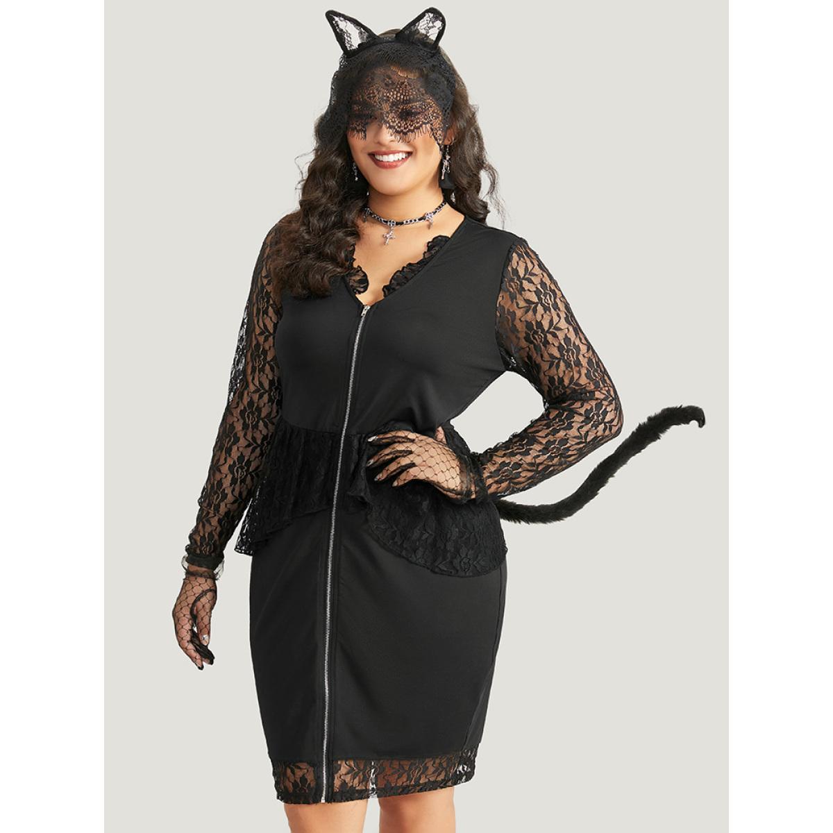 Plus Size Halloween Guipure Lace Zipper Fly Layered Dress Black Women Elegant See through V-neck Long Sleeve Curvy Knee Dress BloomChic 14-16/1X Product Image