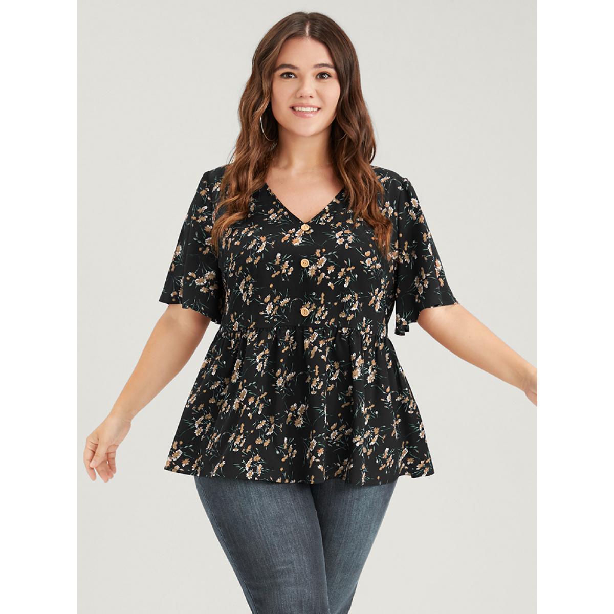 Plus Size Black Floral Elastic Waist V Neck Button Ruffles Blouse Women Elegant Half Sleeve V-neck Dailywear Blouses BloomChic 14-16/1X Product Image
