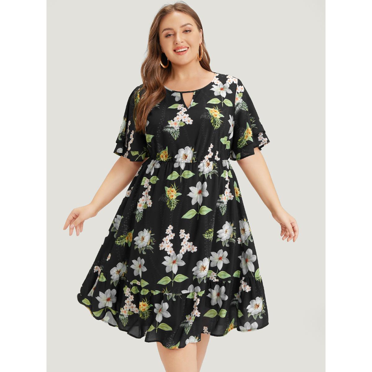 Plus Size Floral Print Ruffle Pocket Keyhole Round Neck Dress BlackFlower Women Elegant Keyhole V-neck Short sleeve Curvy Midi Dress BloomChic 14-16/1X Product Image