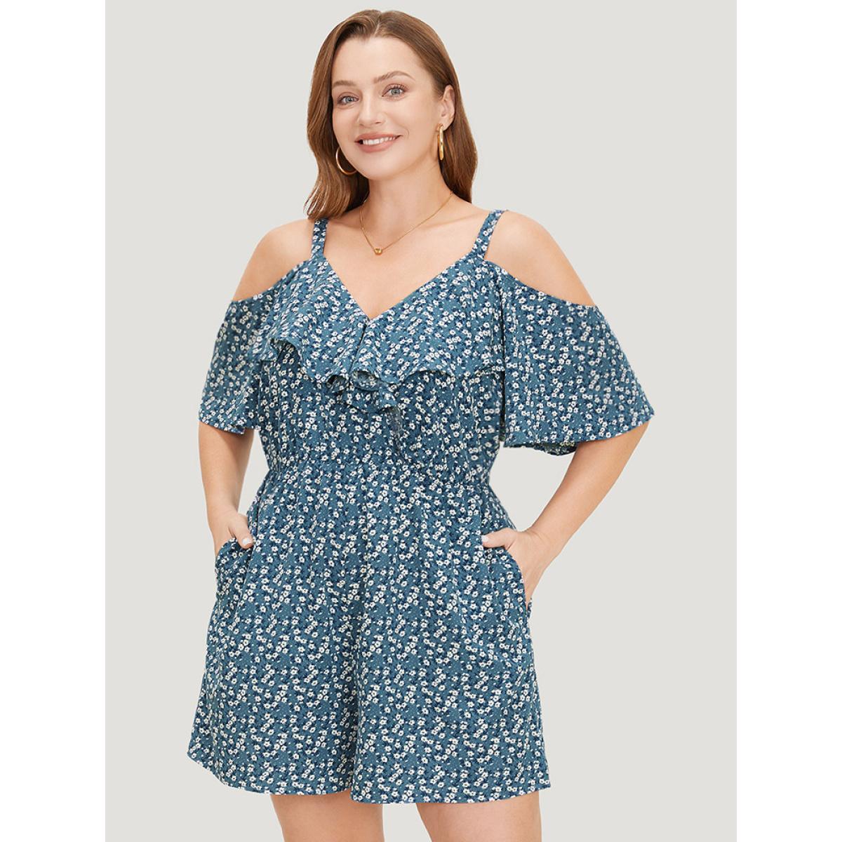 Plus Size Stone Ditsy Floral Pocket Zipper Ruffle Cold Shoulder Romper Women Casual Short sleeve Spaghetti Strap Dailywear Loose Jumpsuits BloomChic 22-24/3X Product Image