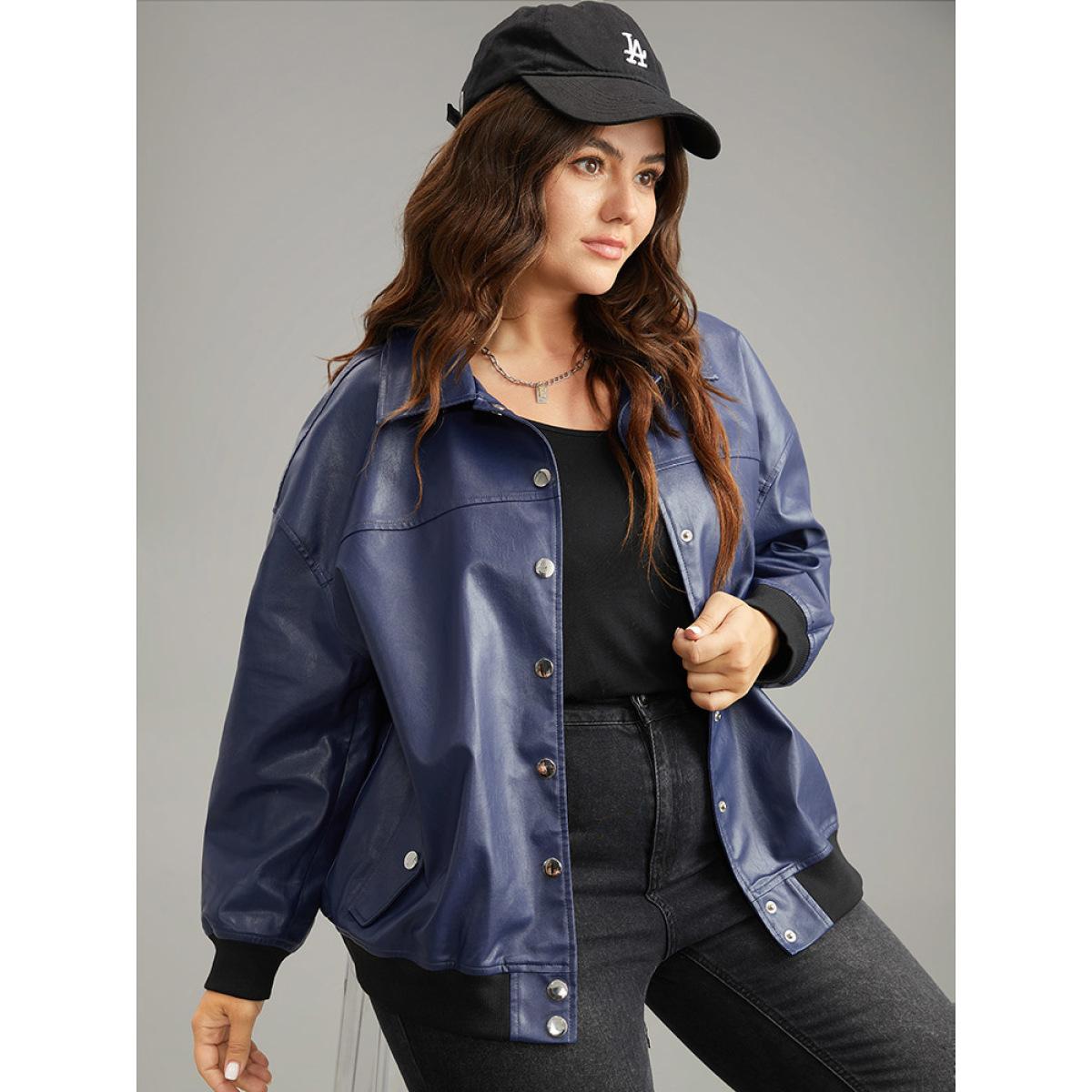 Plus Size PU Patchwork Pocket Button Through Jacket Women Indigo Elastic cuffs Dailywear Jackets BloomChic 14-16/1X Product Image