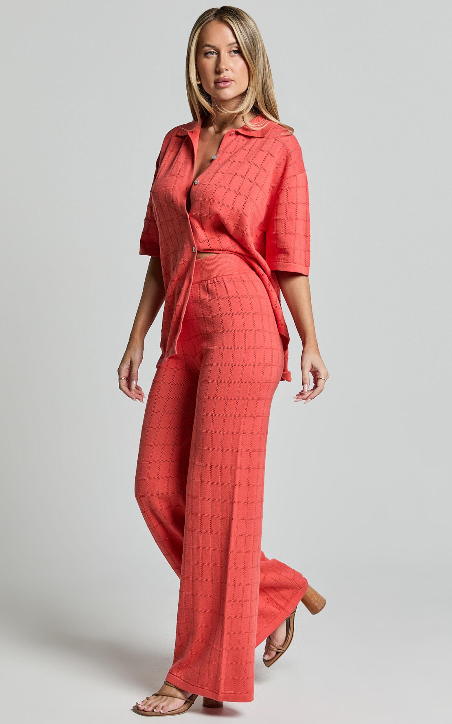 Tommy Two Piece Set - Knit Button Through Top and Pants Two Piece Set in Coral Product Image