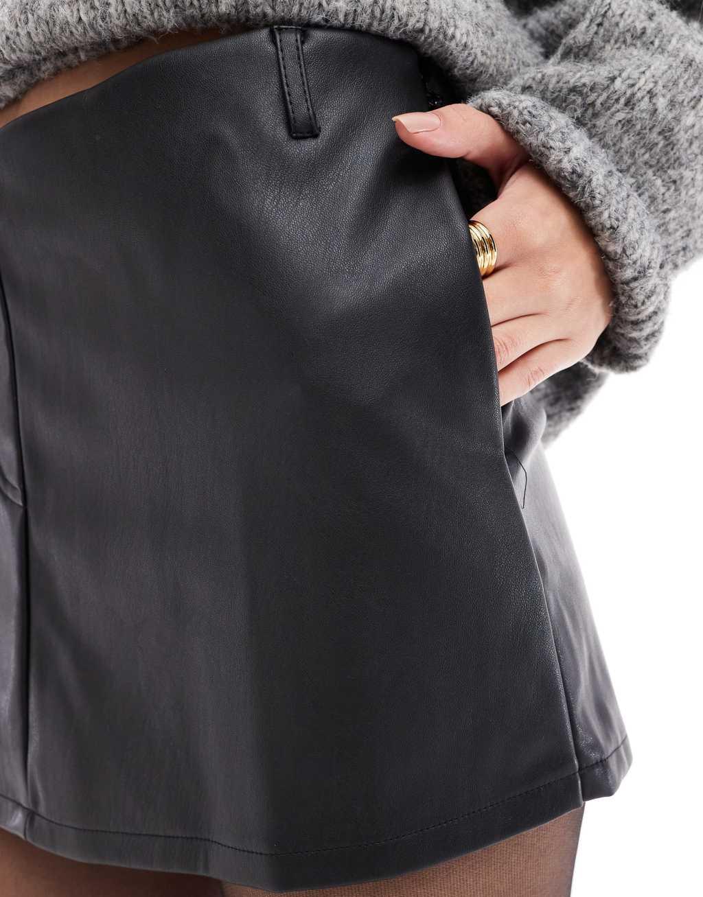 ASOS DESIGN leather look skort in black Product Image