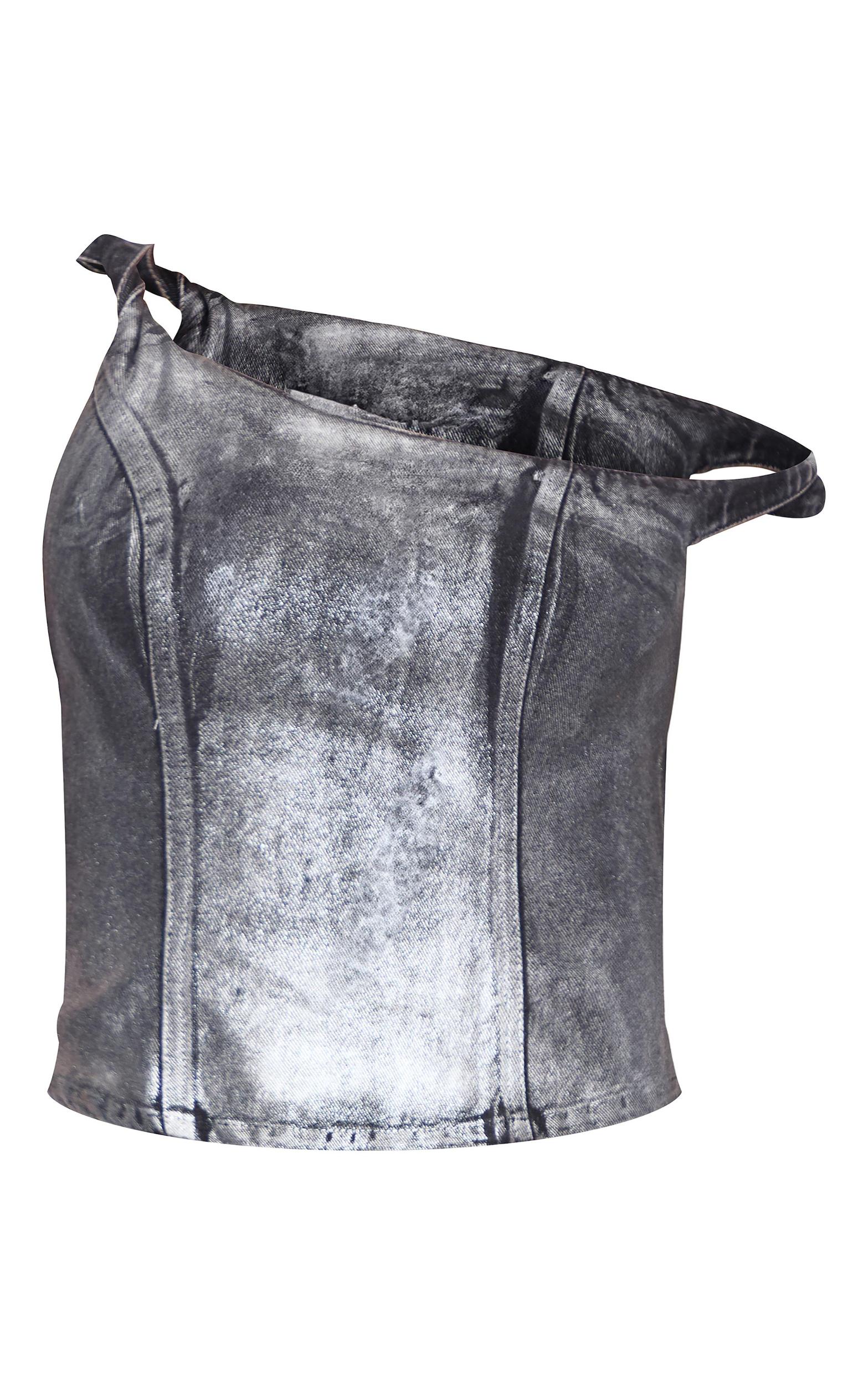 Black Silver Metallic Foil Effect One Shoulder Denim Top Product Image