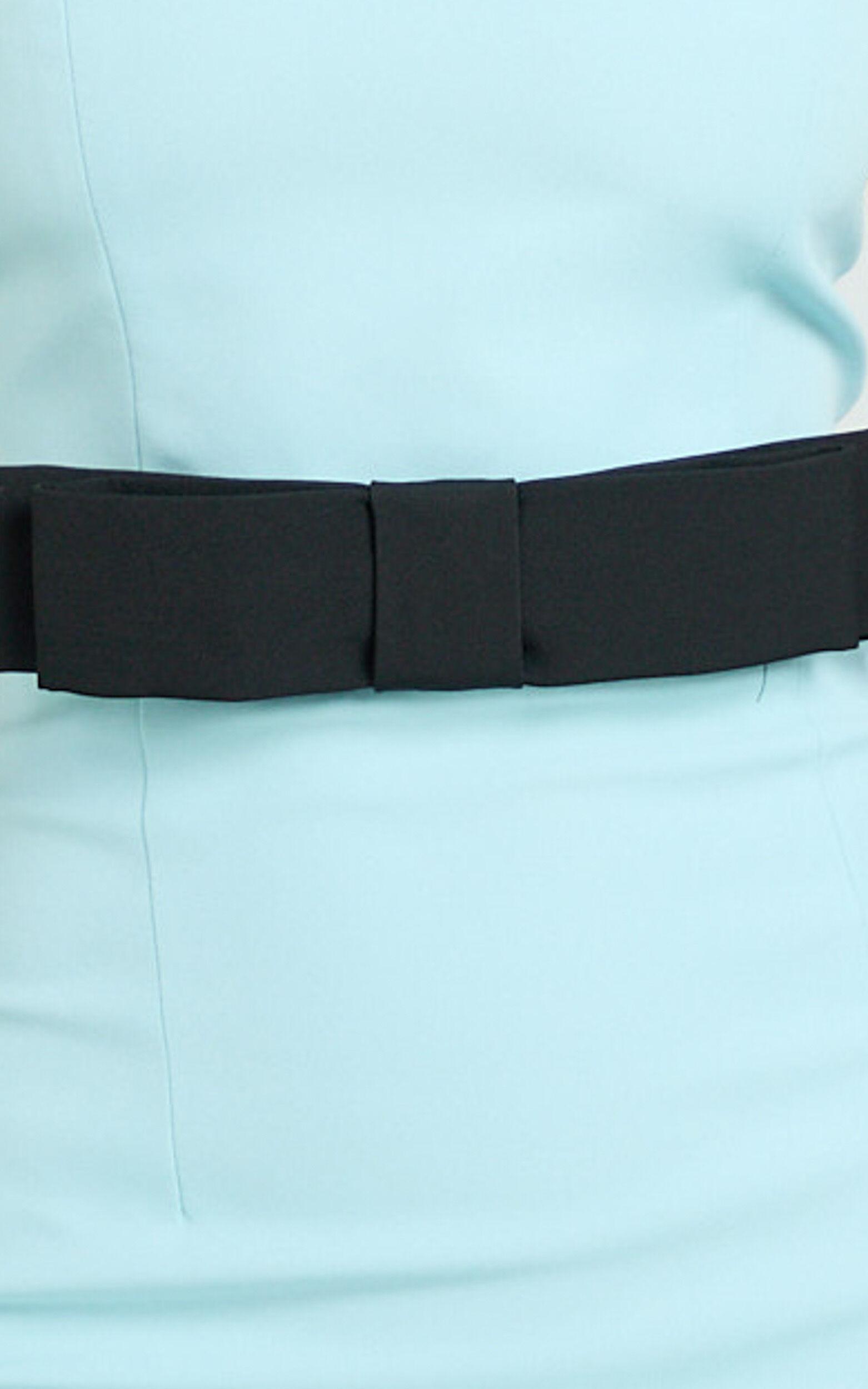 Veronica Midi Dress - Sweetheart Strapless Bow Detail High Split Dress in Blue & Black Product Image