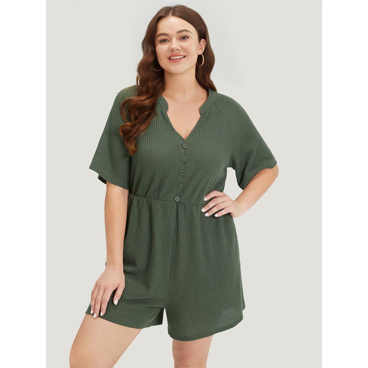 Plus Size ArmyGreen Plain Waffle Knit Pocket Button Detail Notched Jumpsuit Women Casual Short sleeve Notched collar Dailywear Loose Jumpsuits BloomChic 28/5X Product Image
