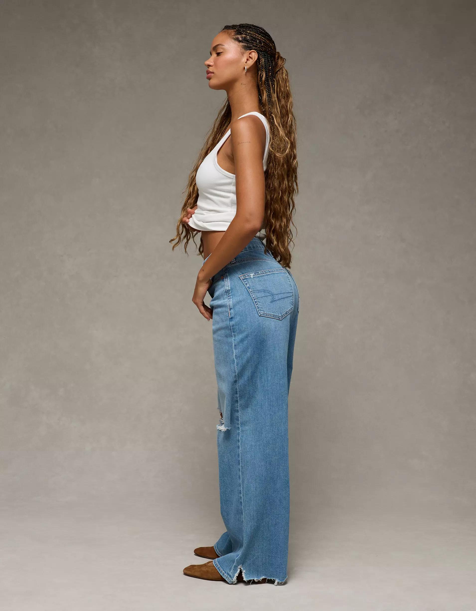 AE Dreamy Drape Stretch Curvy Ripped Super High-Waisted Baggy Wide-Leg Jean Product Image