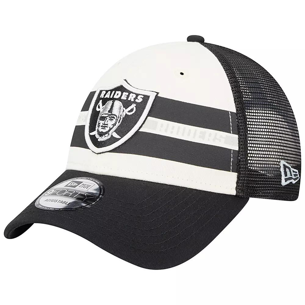 Men's New Era Cream/Black Las Vegas Raiders Team Stripe Trucker 9FORTY Snapback Hat, Lvr Beige Product Image