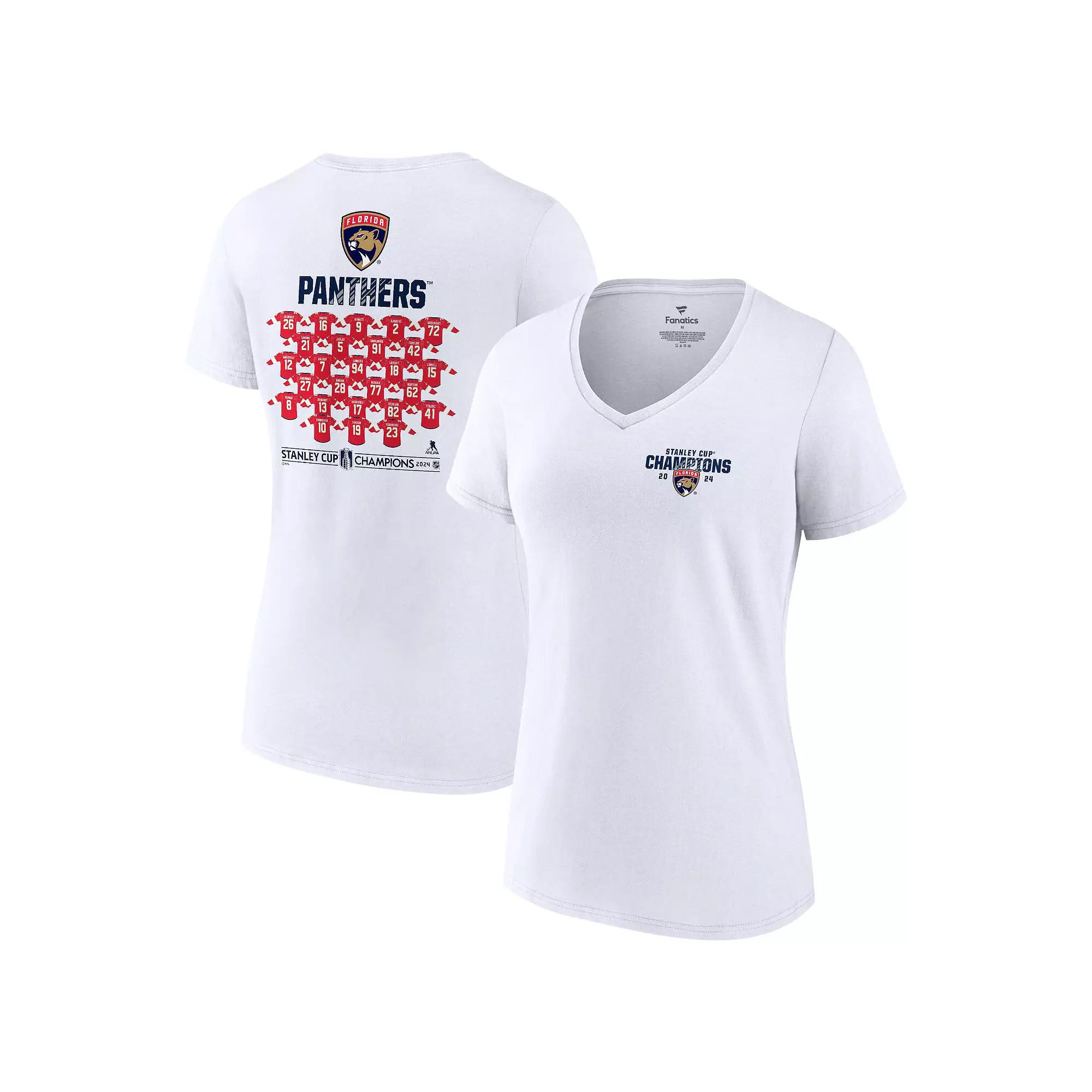Women's Fanatics  White Florida Panthers 2024 Stanley Cup Champions Jersey Roster V-Neck T-Shirt, Size: Medium, Pnt White Product Image