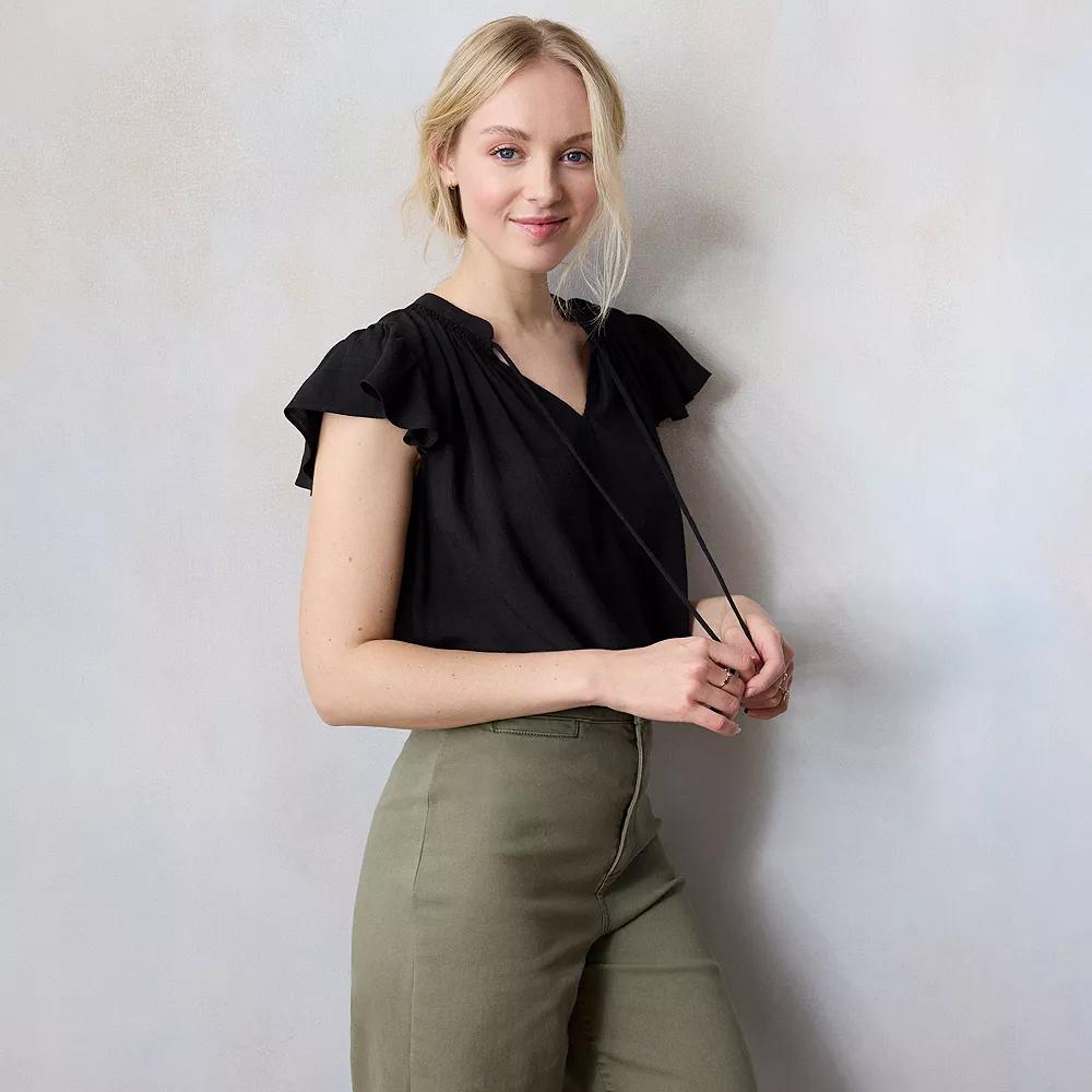 Women's LC Lauren Conrad Tie Front Ruffled V-Neck Shell, Size: XL, Black Product Image