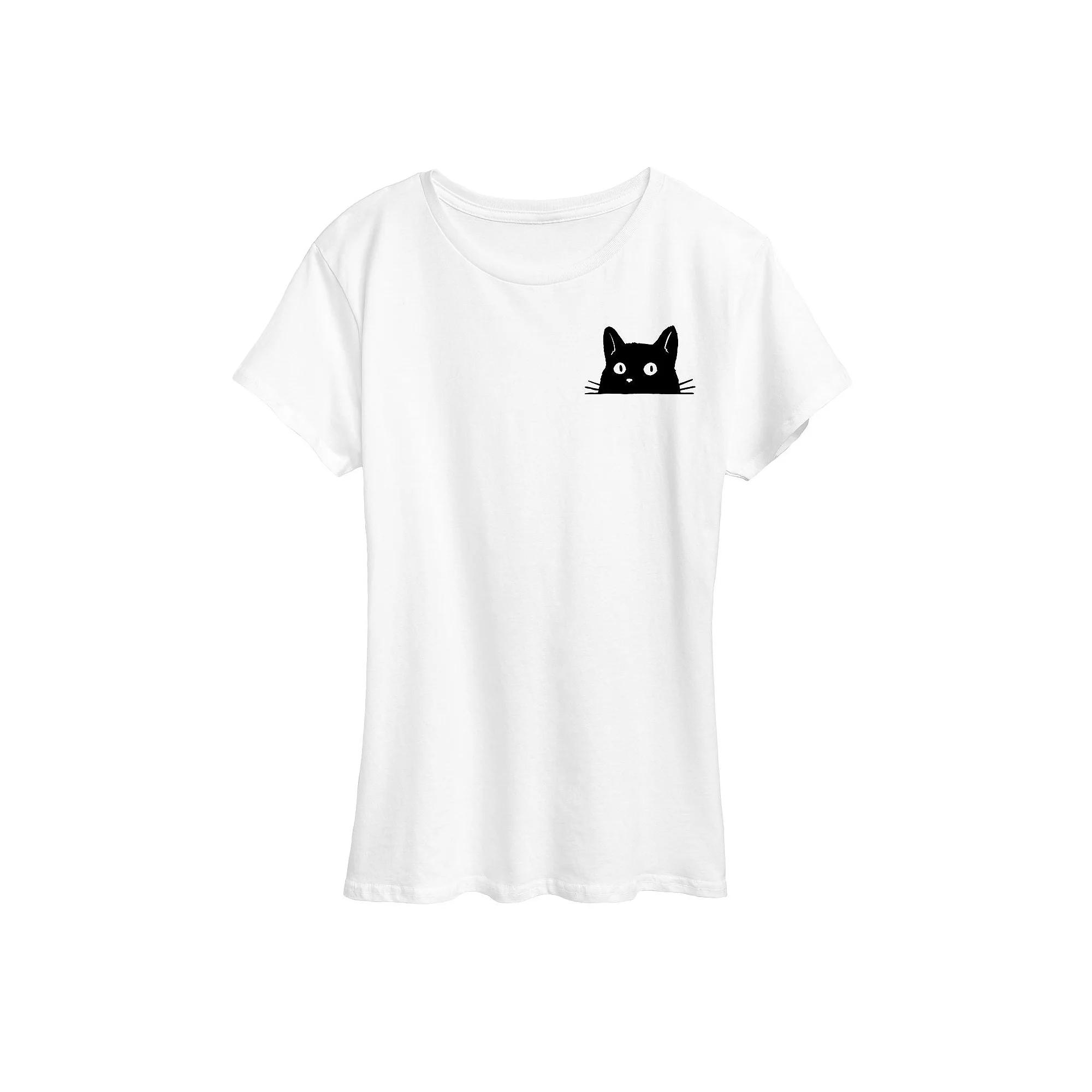 Women's Cat Peeking Left Chest Graphic Tee, Girl's,  Product Image