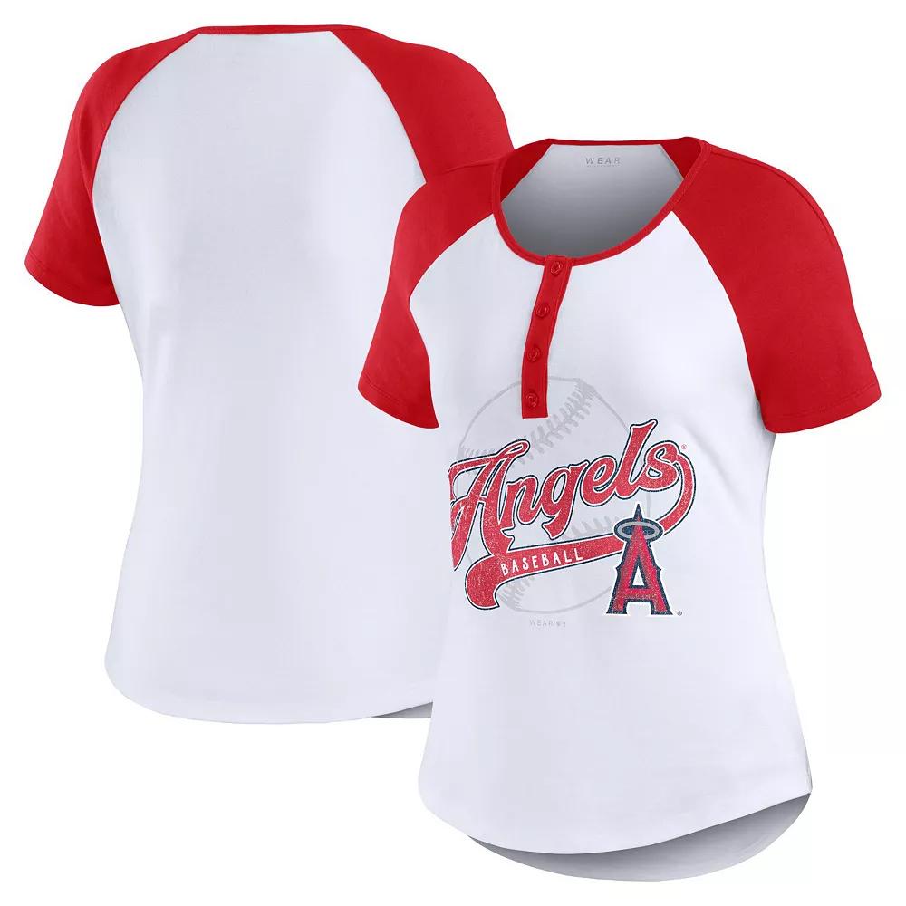 Women's WEAR by Erin Andrews White/Red Los Angeles Angels Henley Raglan T-Shirt, Size: XS Product Image