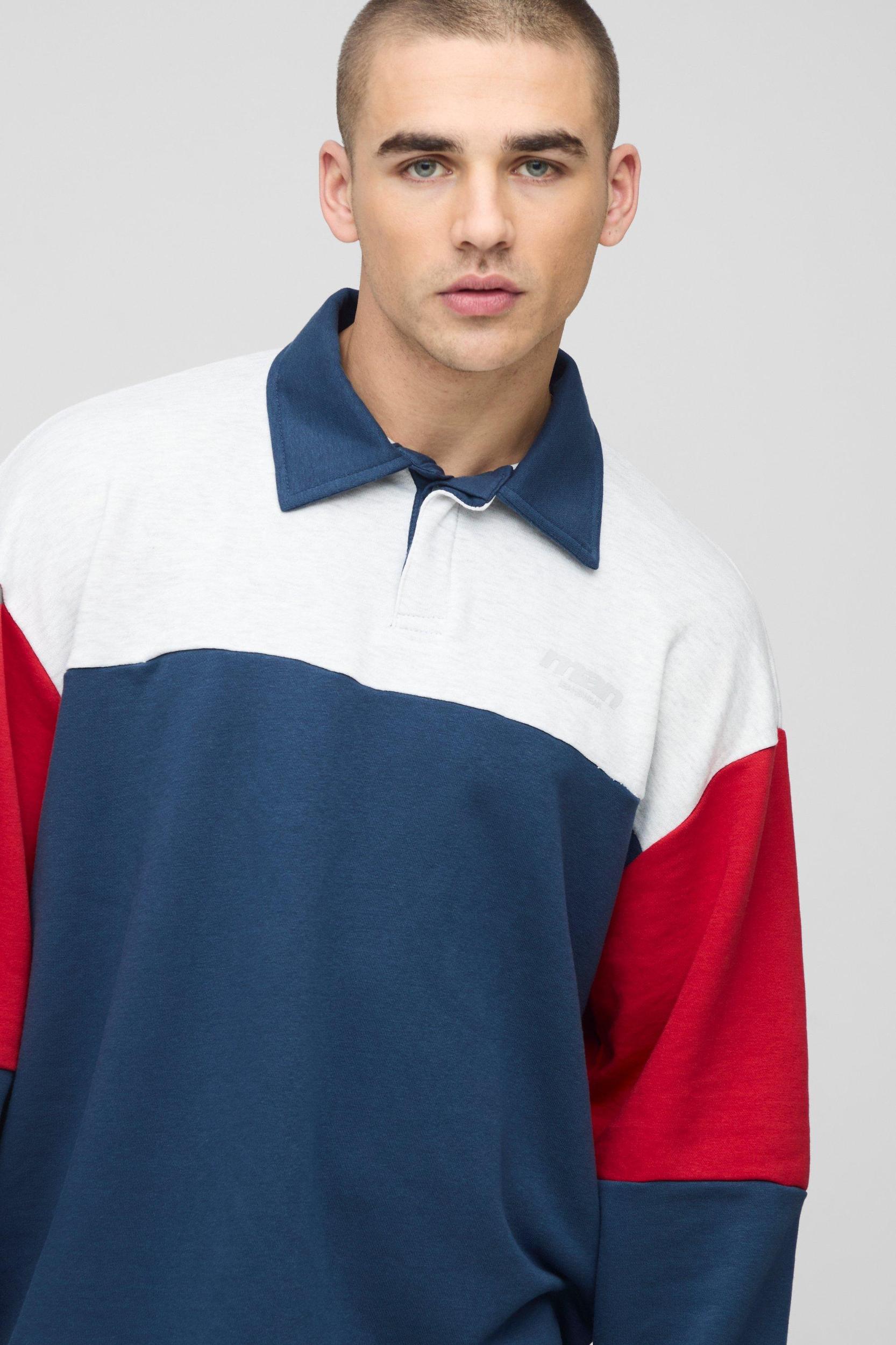 Oversized Man Colour Block Rugby Polo | boohooMAN USA Product Image