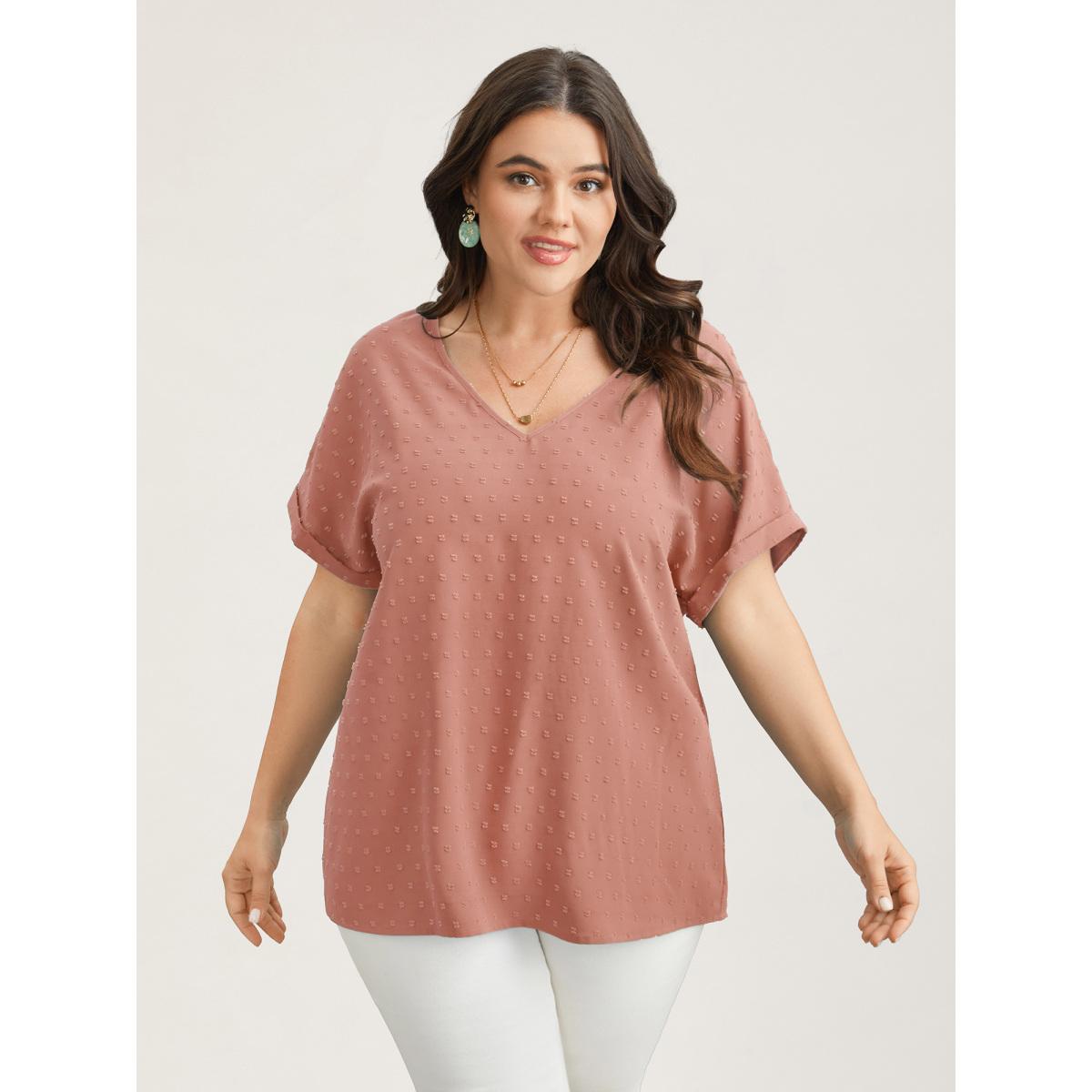 Plus Size Crepe Back-Button Textured V-Neck Shirt Women Timeless Short sleeve V-neck Elegant Blouses BloomChic 18-20/2X Product Image