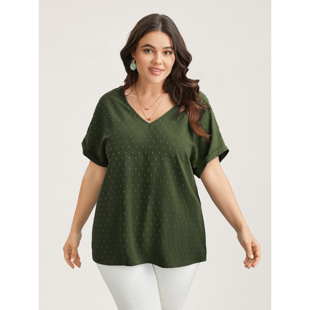 Plus Size ArmyGreen Back-Button Textured V-Neck Shirt Women Timeless Short sleeve V-neck Elegant Blouses BloomChic 14-16/1X Product Image