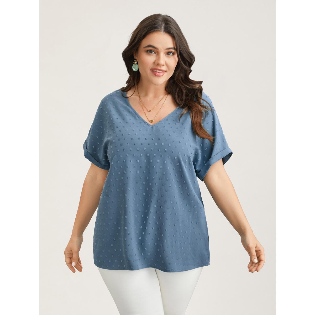 Plus Size Stone Back-Button Textured V-Neck Shirt Women Timeless Short sleeve V-neck Elegant Blouses BloomChic 12/L Product Image