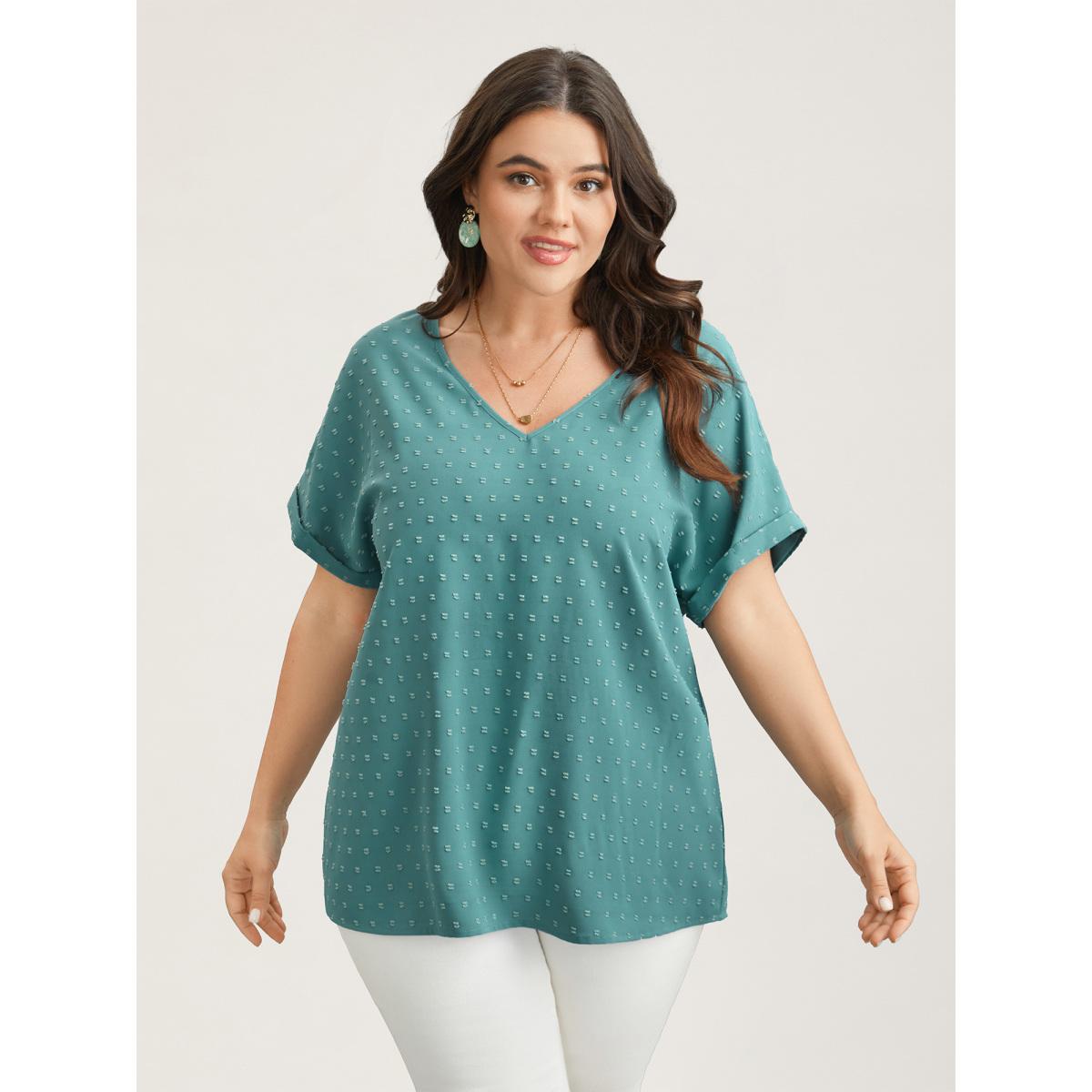 Plus Size Teal Back-Button Textured V-Neck Shirt Women Timeless Short sleeve V-neck Elegant Blouses BloomChic 28/5X Product Image