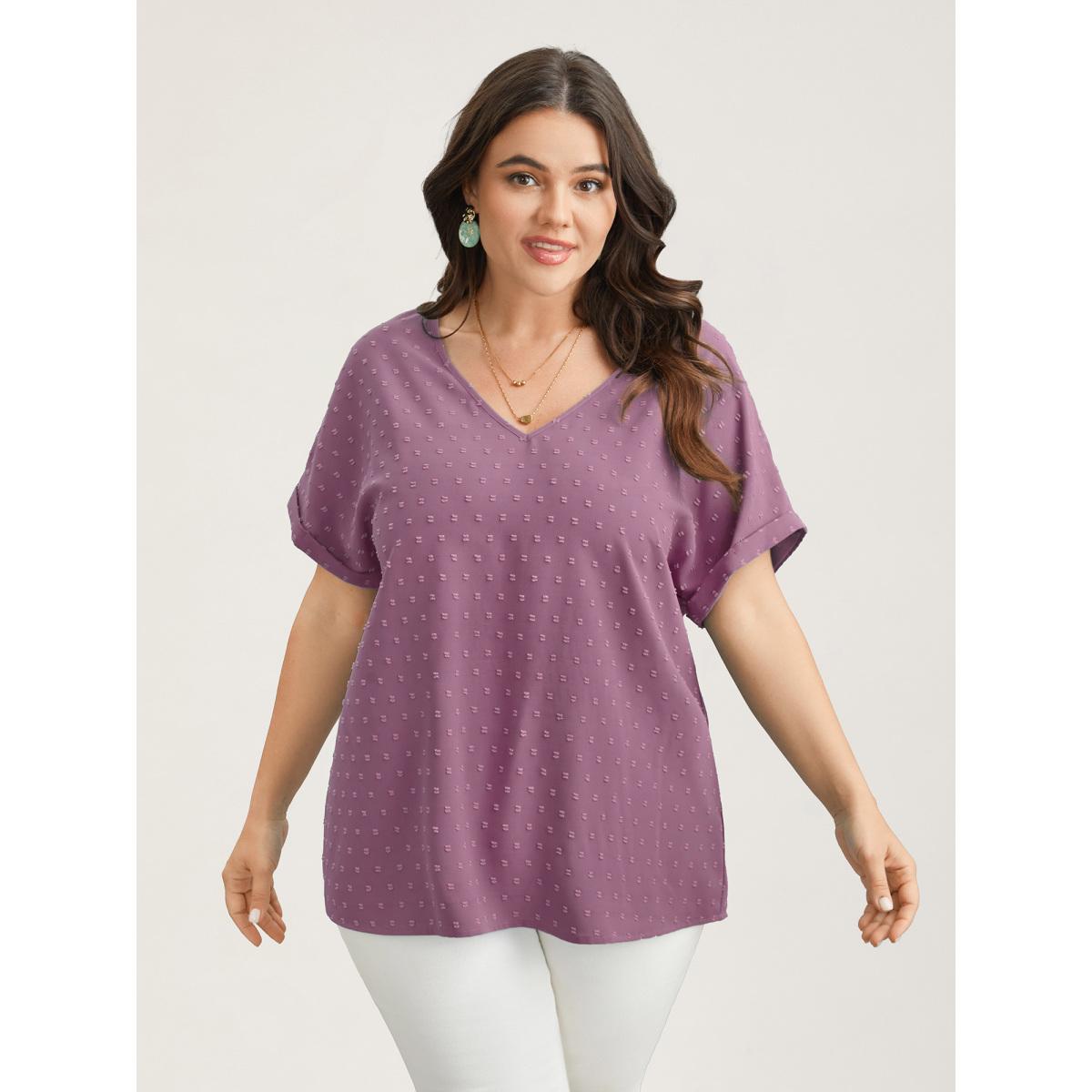 Plus Size Mauve Back-Button Textured V-Neck Shirt Women Timeless Short sleeve V-neck Elegant Blouses BloomChic 12/L Product Image