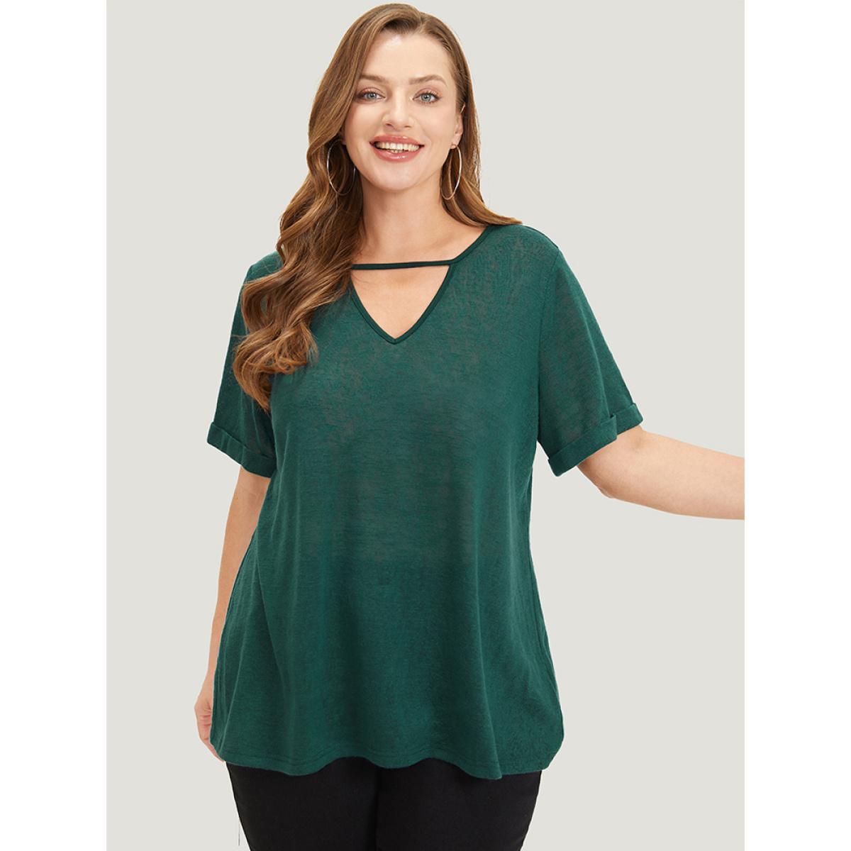 Plus Size Solid Keyhole Mesh Cuffed Sleeve T-shirt DarkGreen Women Casual See through Plain Keyhole Cut-Out Dailywear T-shirts BloomChic 26/4X Product Image