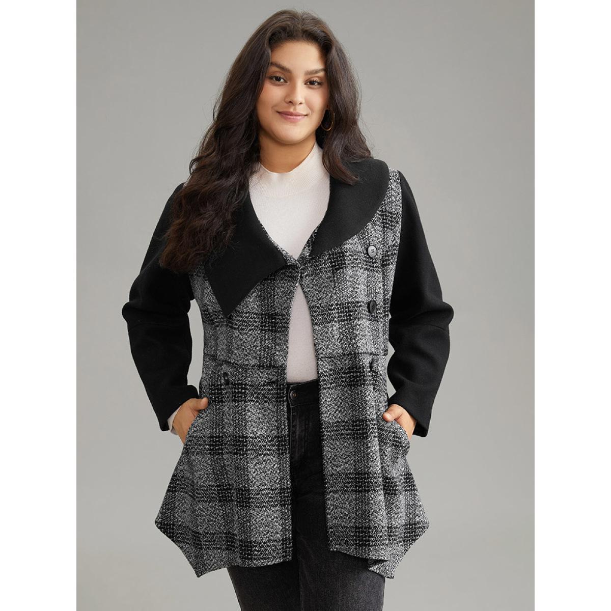 Plus Size Plaid Belted Lapel Collar Button Up Coat Women Black Casual Belted Ladies Dailywear Winter Coats BloomChic 30/6X Product Image