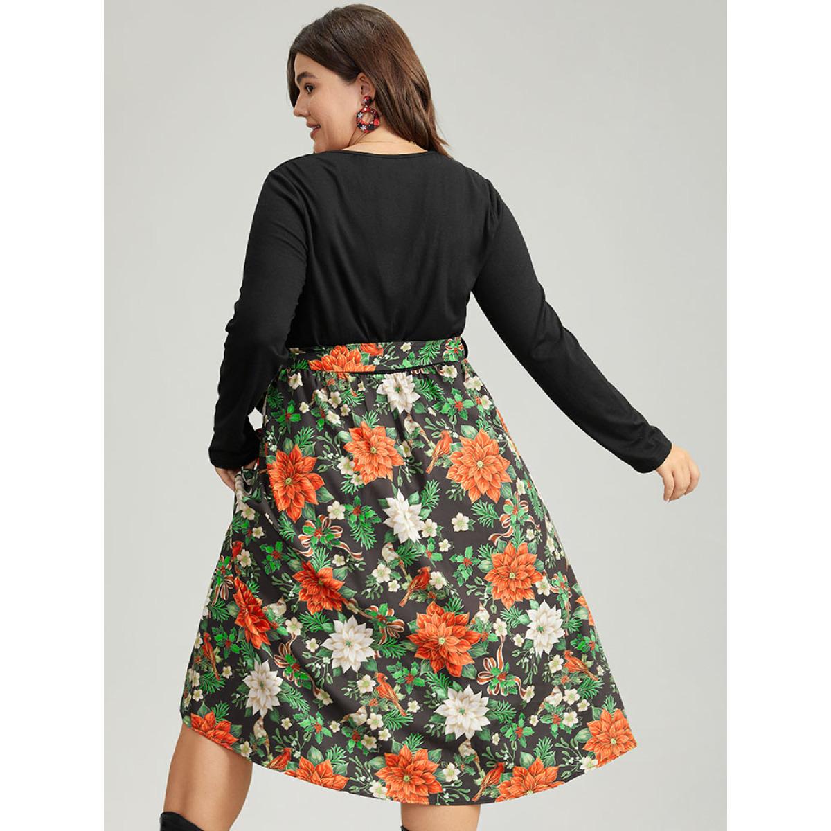 Plus Size Square Neck Floral Print Belted Contrast Dress Black Women Office Belted Square Neck Long Sleeve Curvy Midi Dress BloomChic 14-16/1X Product Image
