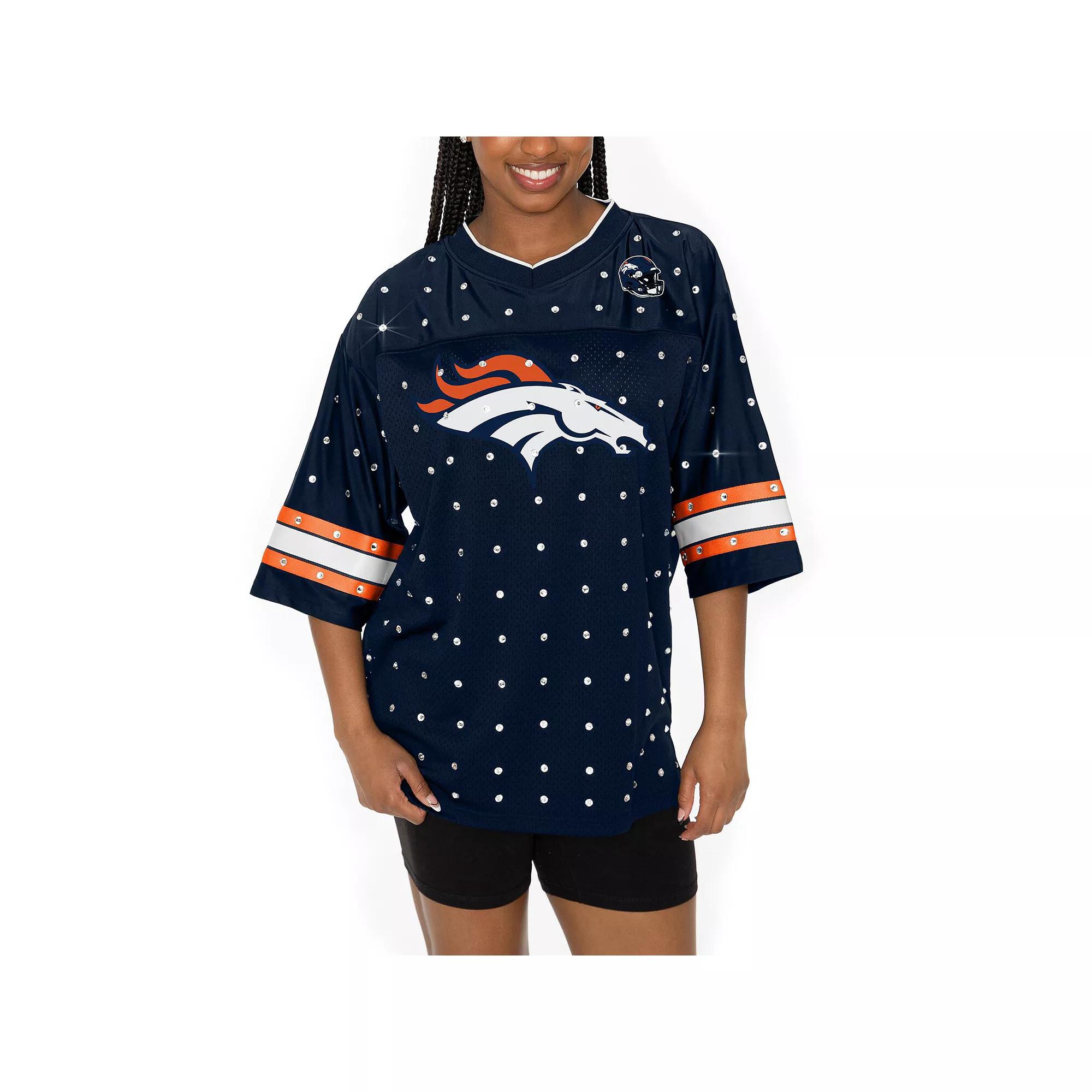Women's Gameday Couture Navy Denver Broncos All-Over Rhinestone Sports Stripe Kickoff V-Neck Fashion Half-Sleeve Jersey Top, Size: Large, Blue Product Image