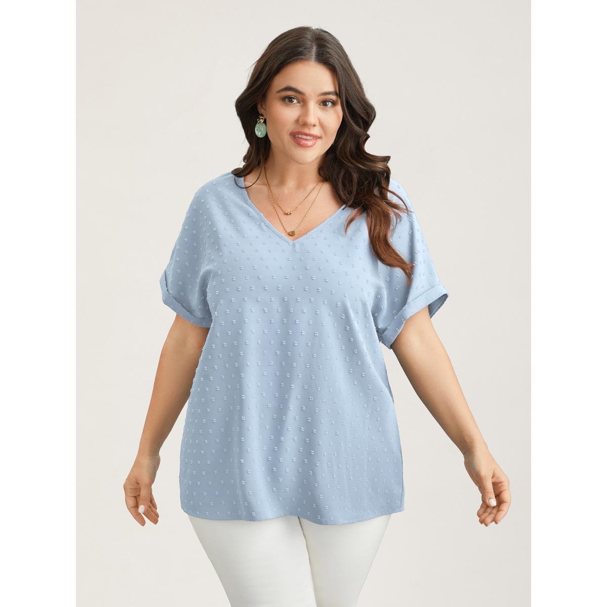 Plus Size LightBlue Back-Button Textured V-Neck Shirt Women Timeless Short sleeve V-neck Elegant Blouses BloomChic 28/5X Product Image
