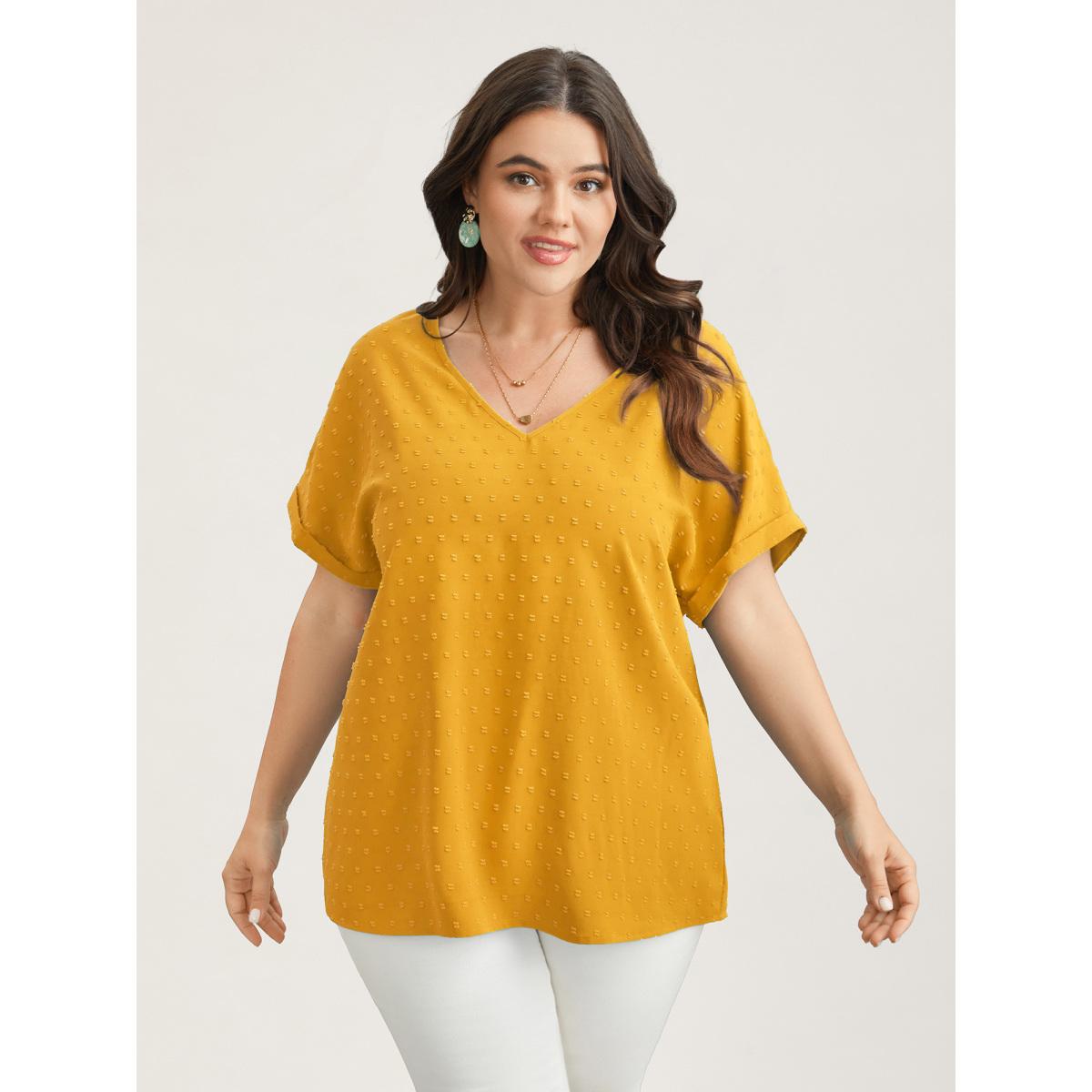 Plus Size Turmeric Back-Button Textured V-Neck Shirt Women Timeless Short sleeve V-neck Elegant Blouses BloomChic 30/6X Product Image