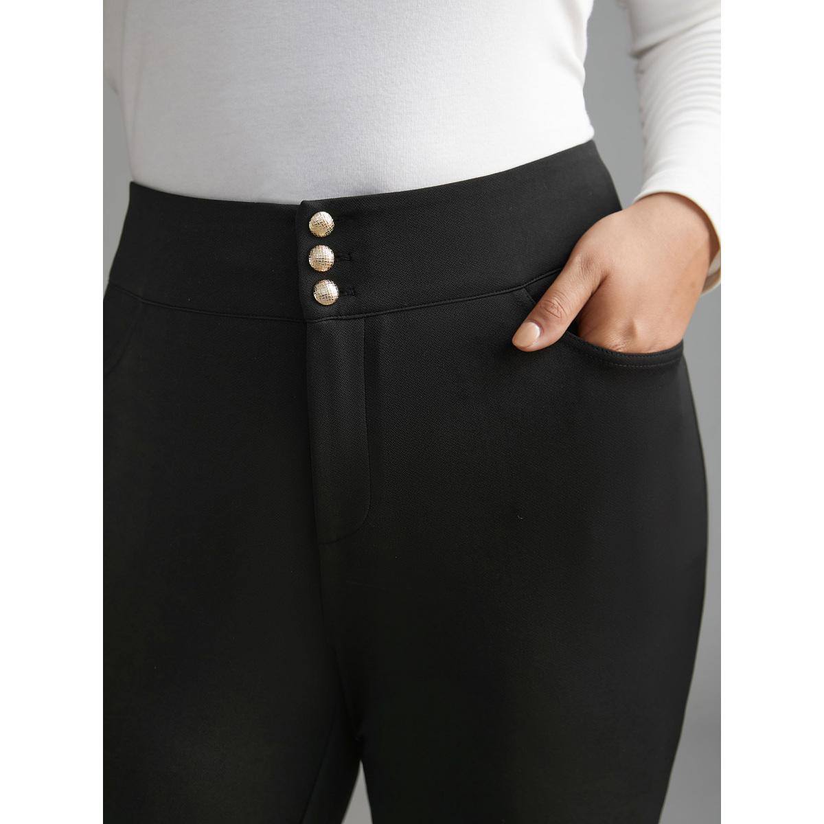 Plus Size Mid Rise Buckle Detail Skinny Pants Women Black Elegant Skinny Mid Rise Everyday Pants BloomChic 14-16/1X Product Image