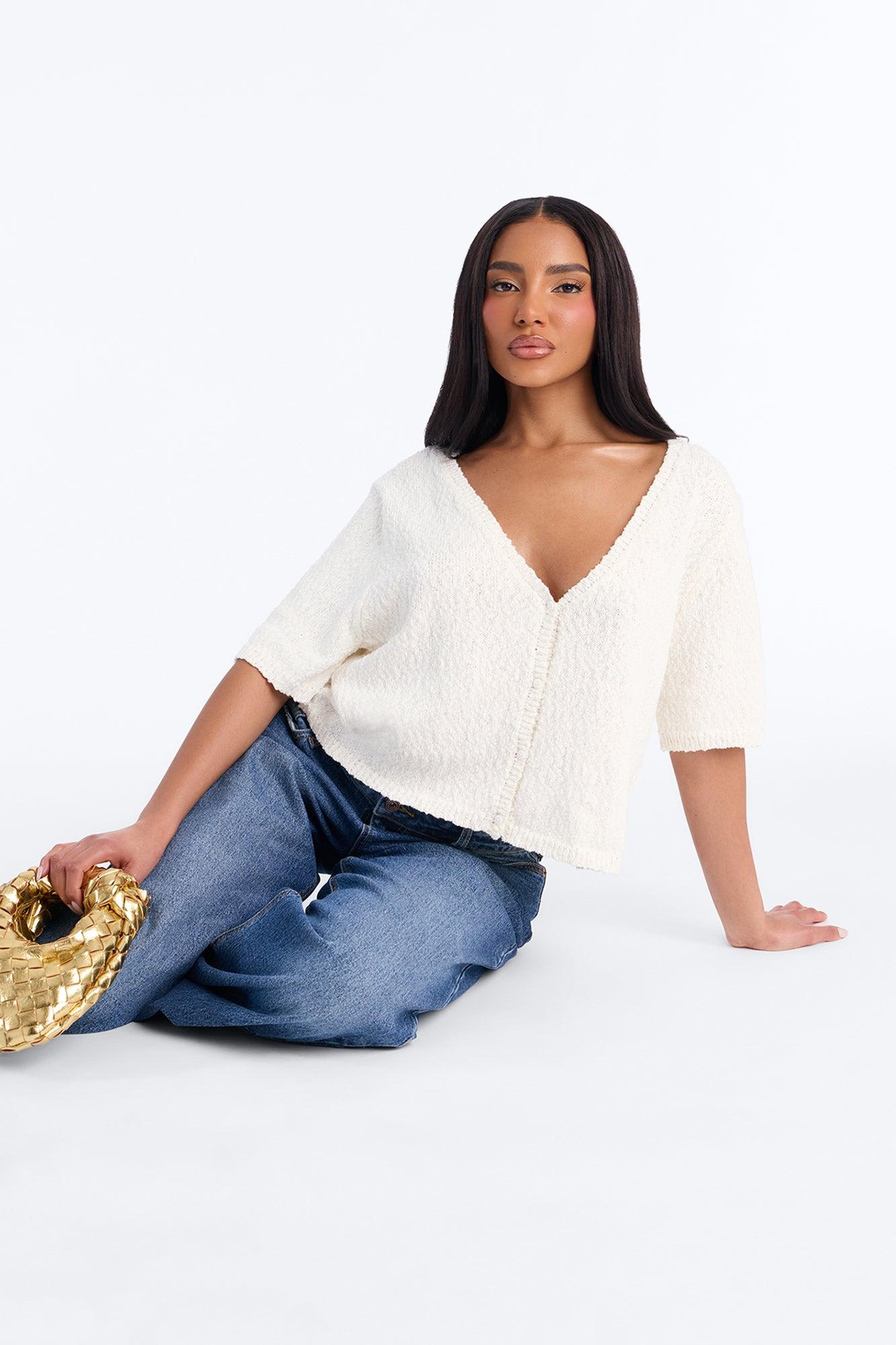 Chasing Sunshine V Neck Sweater Top - Cream Female Product Image