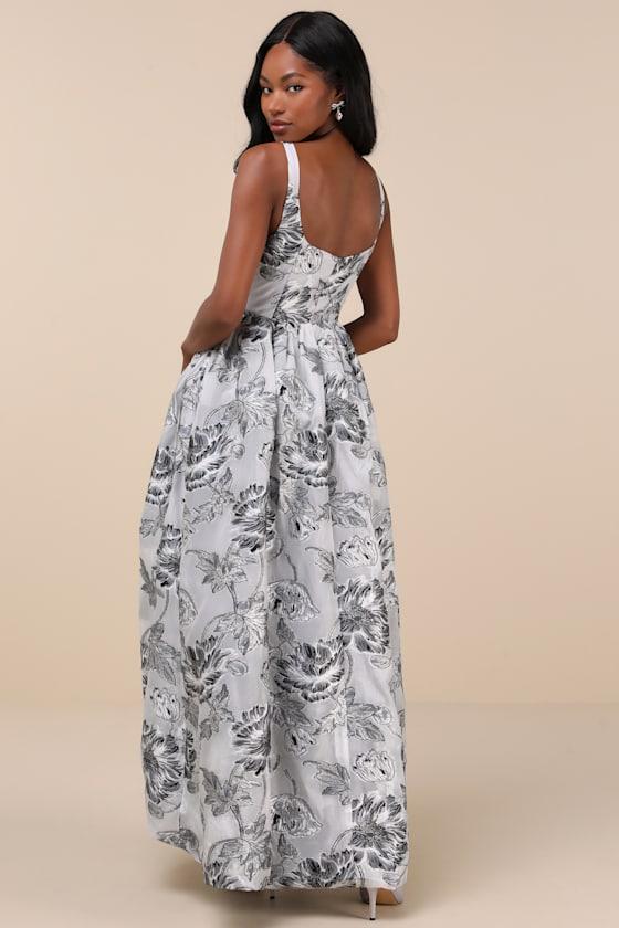 Blossom Silver Jacquard High-Low Maxi Dress Product Image